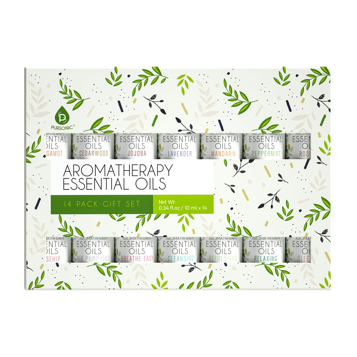 Pursonic 14-pack aromatherapy essential oils gift set box with botanical leaf design and assorted oil bottles
