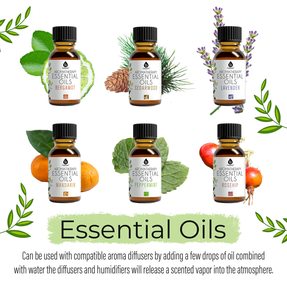 Pursonic essential oil bottles featuring bergamot, cedarwood, lavender, mandarin, peppermint and rosehip scents with botanical illustrations.