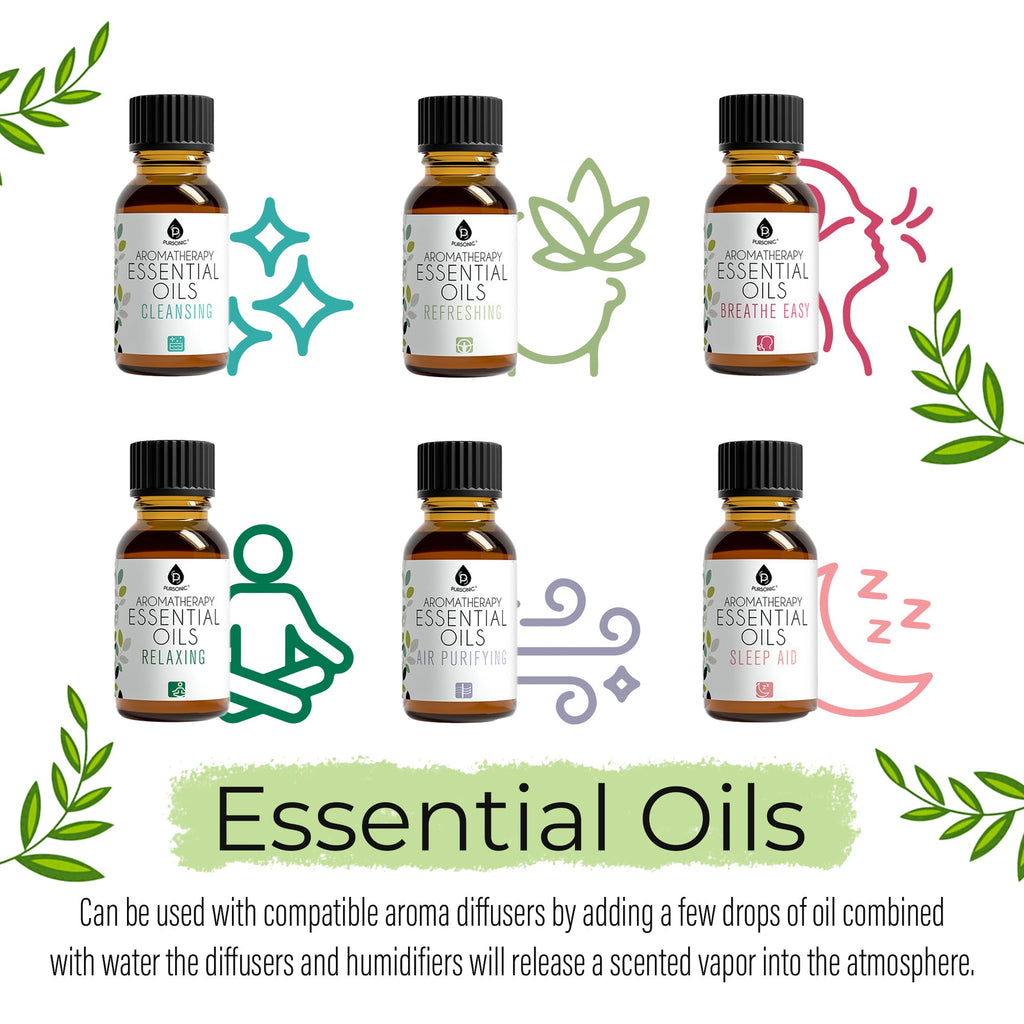 Pursonic essential oil blends including Cleansing, Refreshing, Breathe Easy, Relaxing, Air Purifying and Sleep Aid, with colorful illustrations.